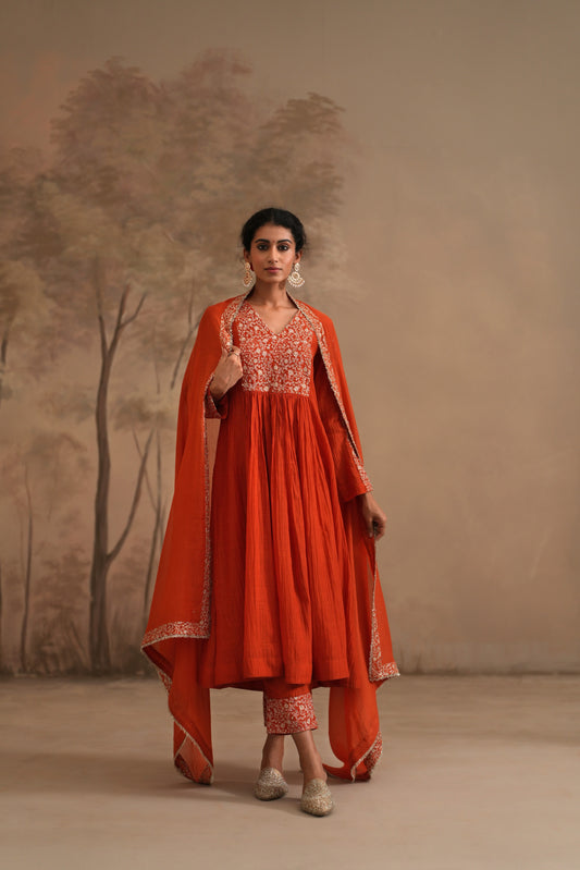 Burnt Orange Chanderi Suit with embroidered yoke