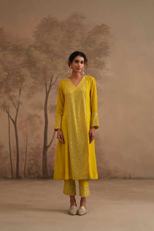 Lemon Yellow Chanderi Suit with embroidered centre panel