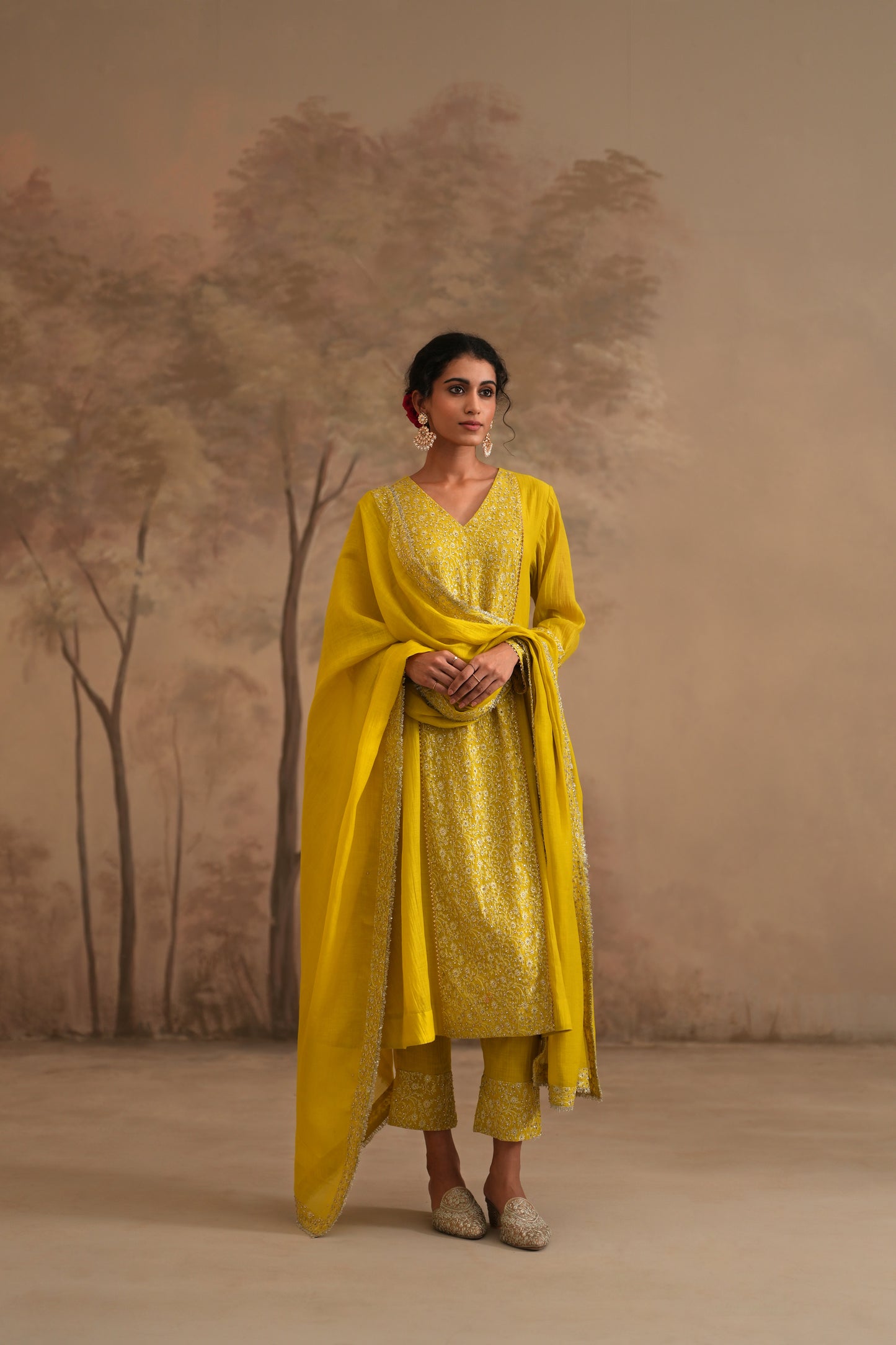 Lemon Yellow Chanderi Suit with embroidered centre panel