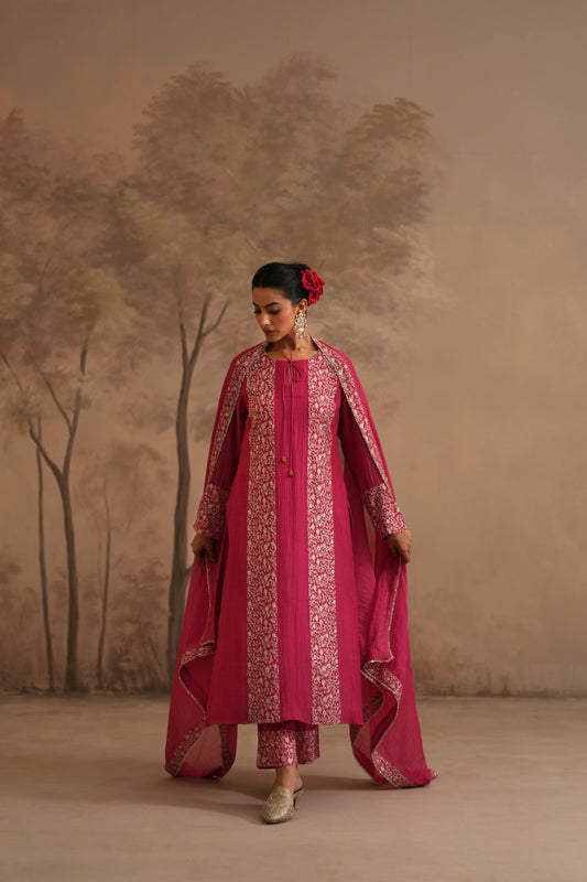Fuschia Chanderi Suit with embroidered panels
