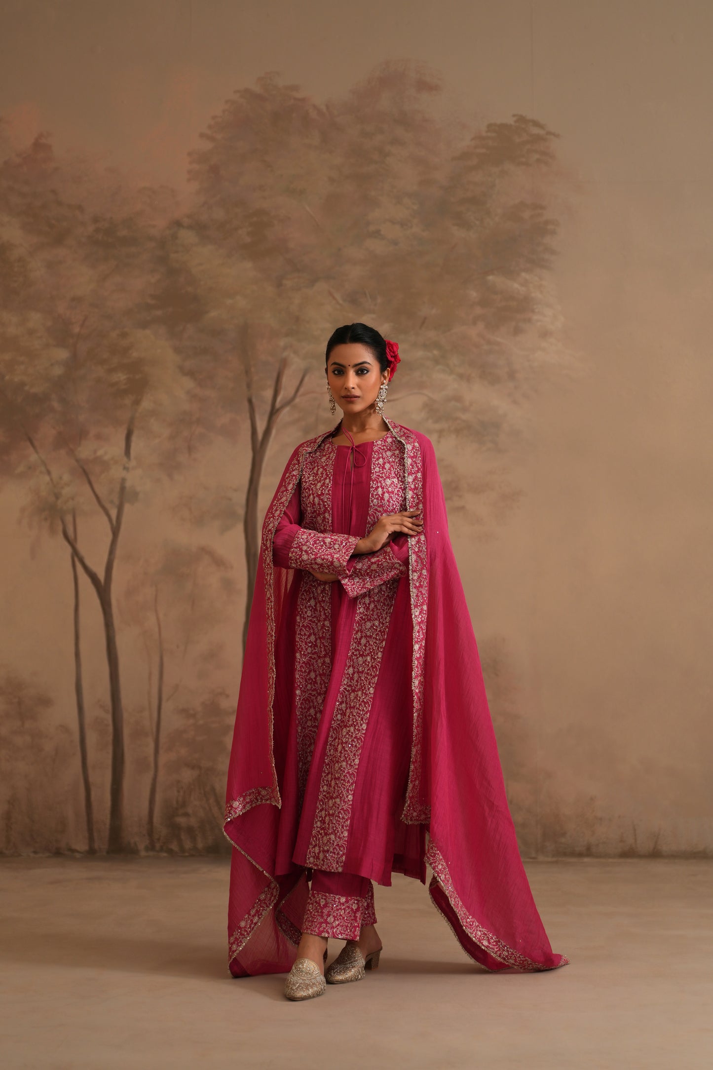 Fuschia Chanderi Suit with embroidered panels