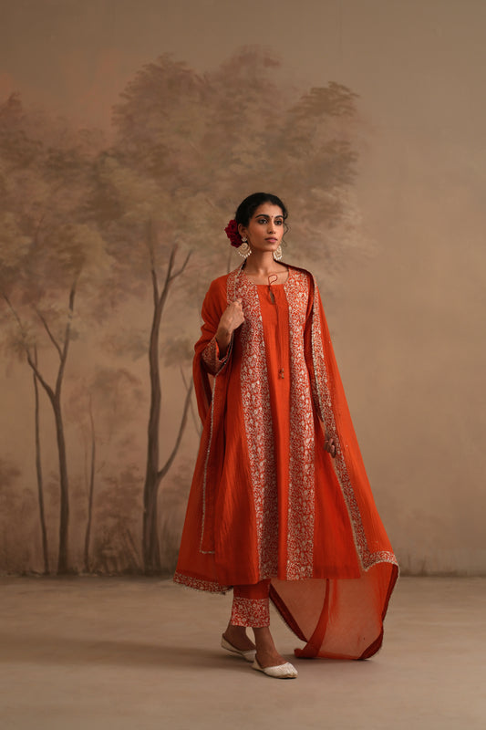 Burnt Orange Chanderi Suit with embroidered panels