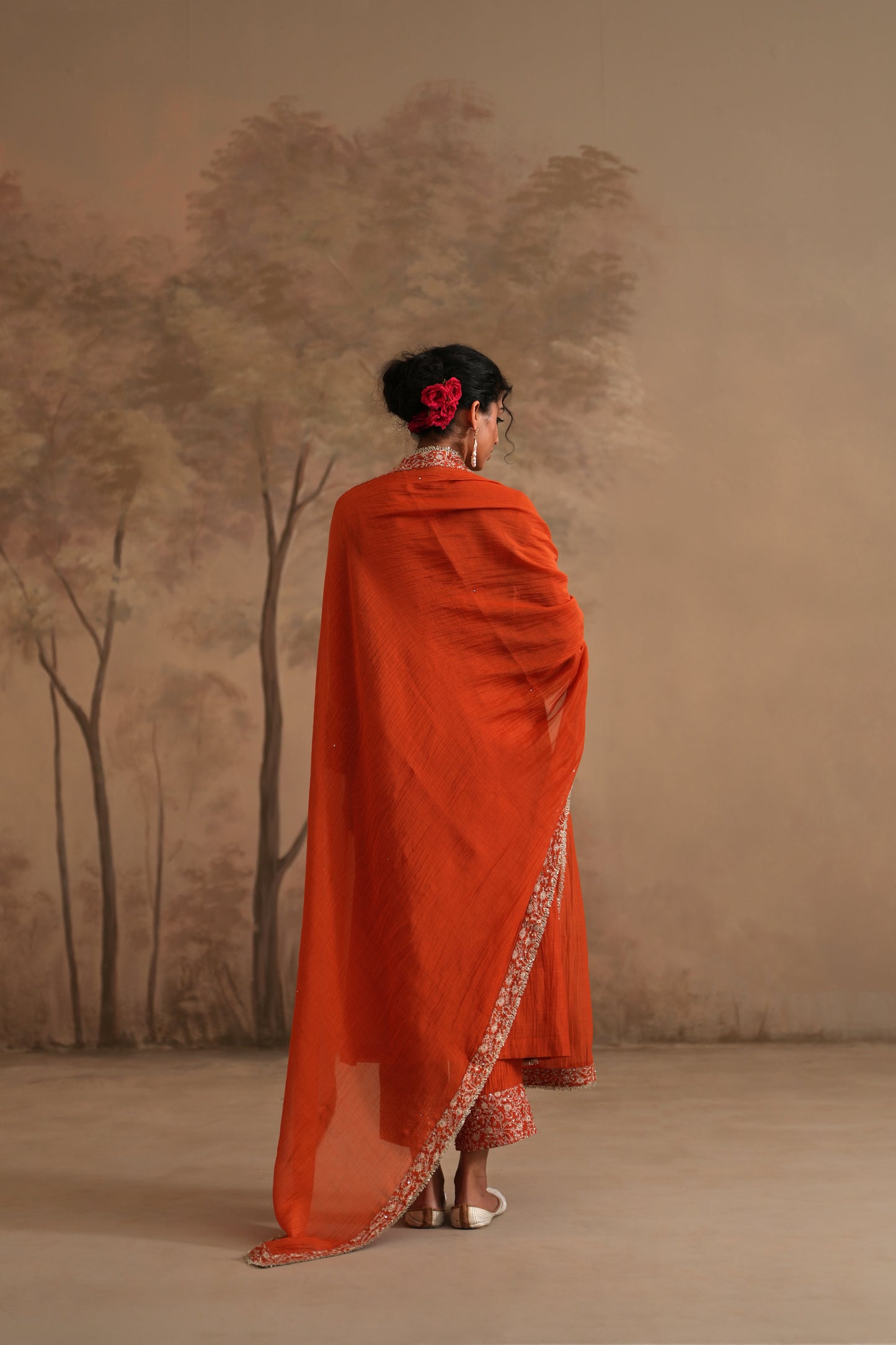 Burnt Orange Chanderi Suit with embroidered panels