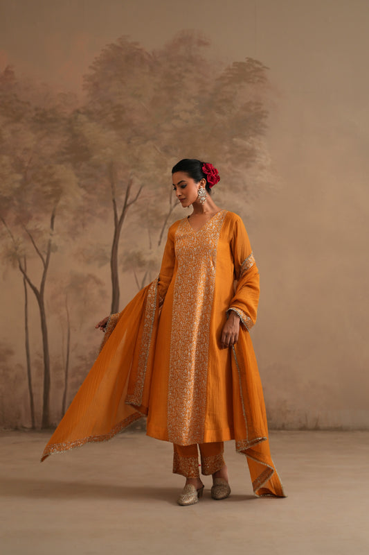 Earthy Orange Chanderi Suit with embroidered centre panel
