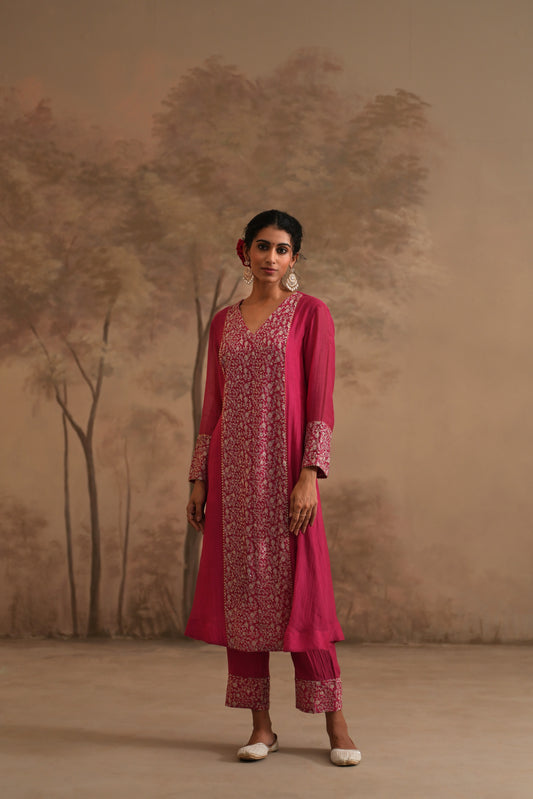 Fuschia Chanderi Suit with embroidered centre panel