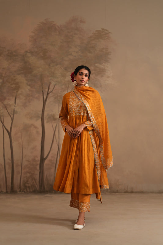Earthy Orange Chanderi Suit with embroidered yoke