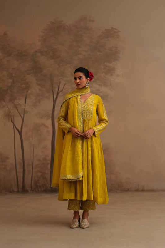 Lemon Yellow Chanderi Suit with embroidered yoke