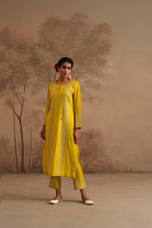 Lemon Yellow Chanderi Suit with embroidered panels