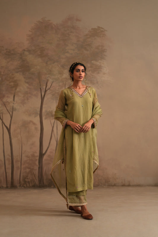 Olive Green Crushed Muslin Kurta with Zardozi and Gota V neck