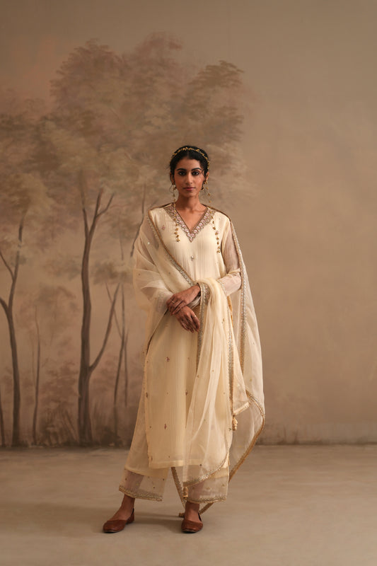 Dutch White Crushed Muslin Kurta with Zardozi and Gota V neck
