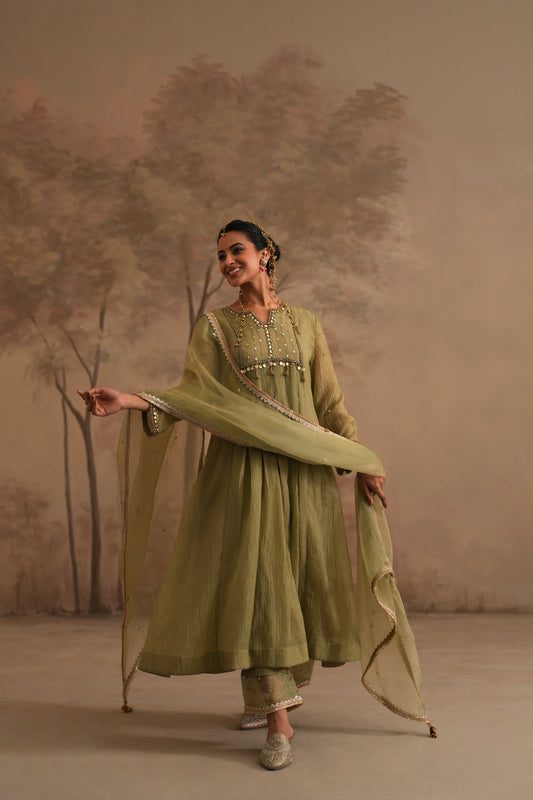 Olive Green Crushed Muslin Kurta with Zardozi and Gota lines yoke