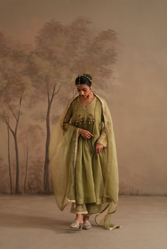 Olive Green Crushed Muslin Kurta with Zardozi and Gota Yoke