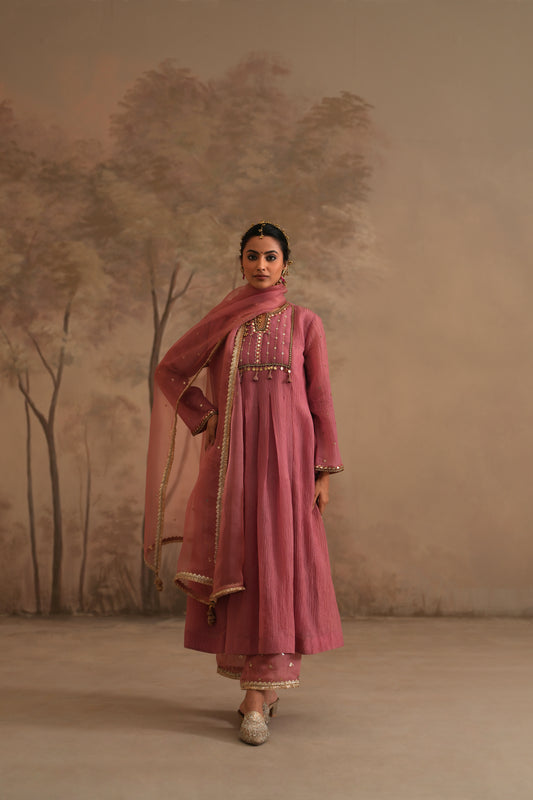 Rosebud Pink Crushed Muslin Kurta with Zardozi and Gota lines yoke