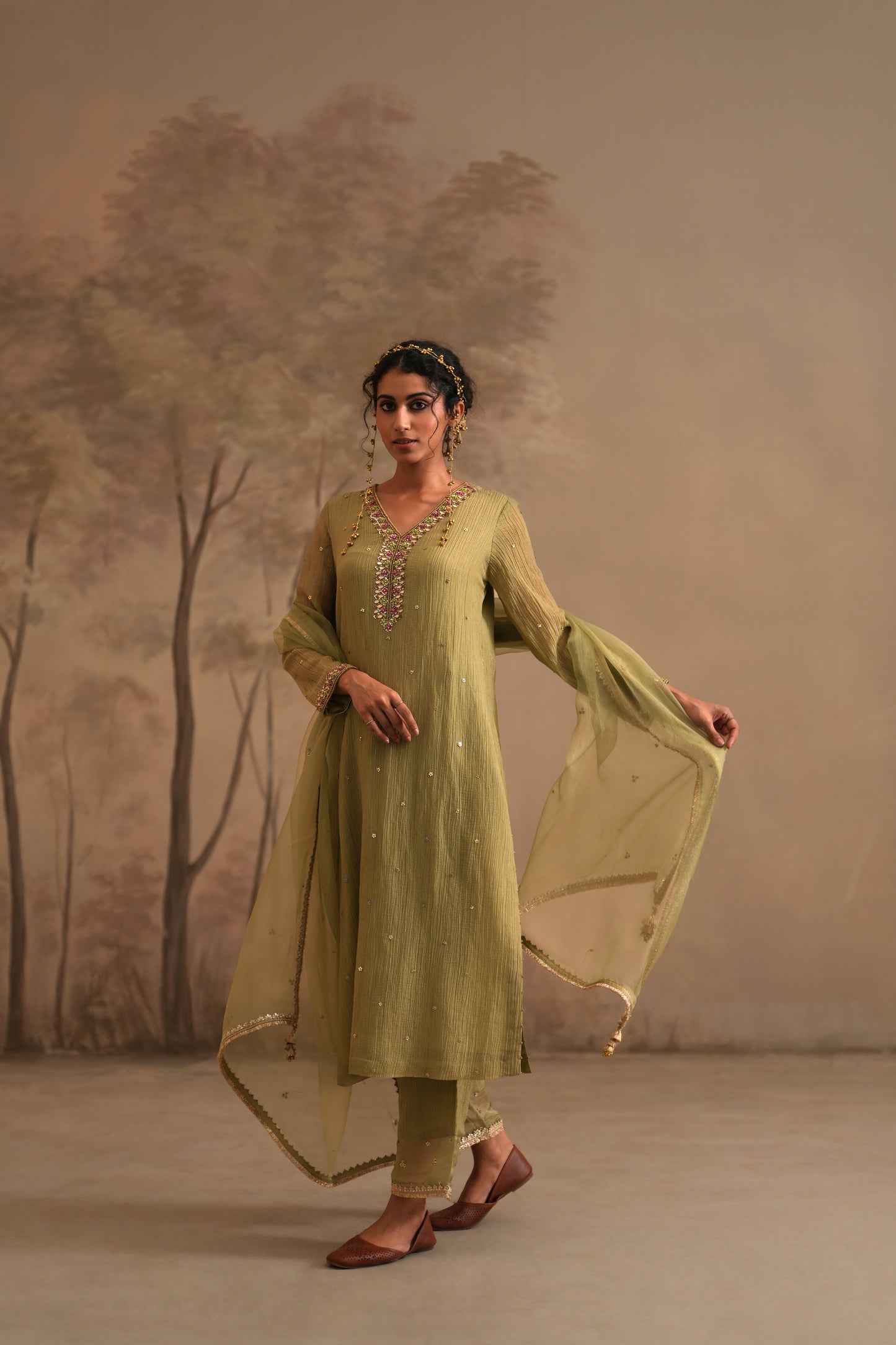 Olive Green Crushed Muslin Kurta with Zardozi and Gota embroidery