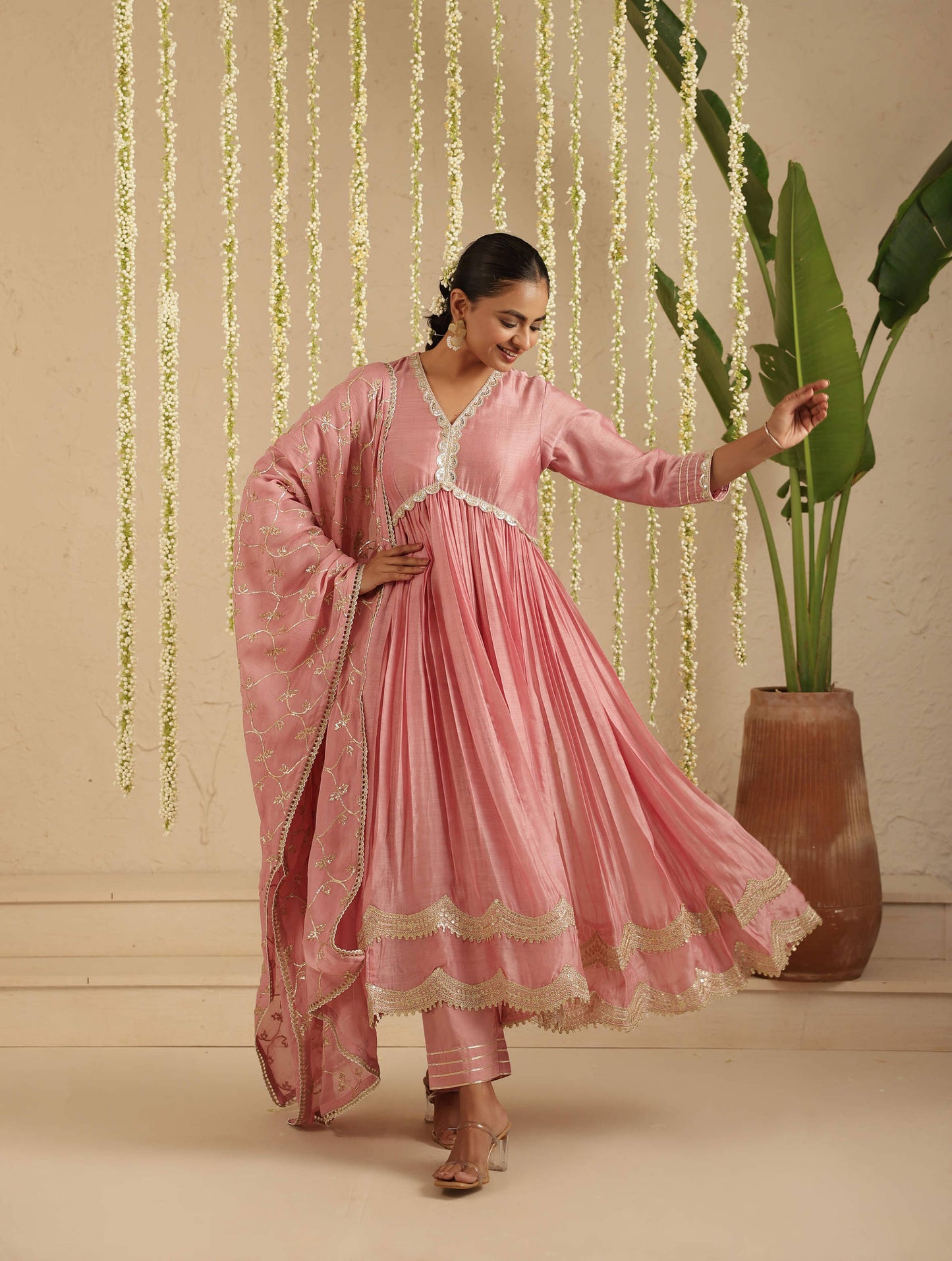 Rust Anarkali with Chiffon dupatta