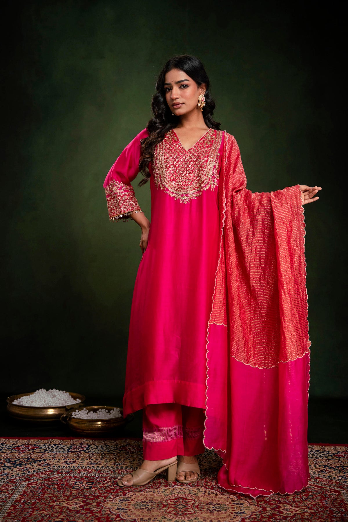 Hot pink suit with Dori work