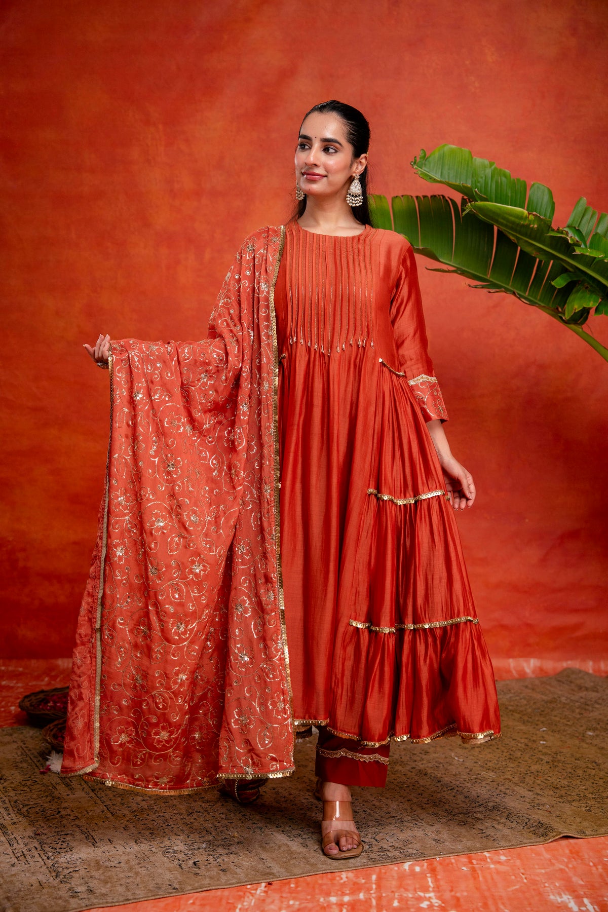 Rust Chanderi Kurta with heavy dupatta