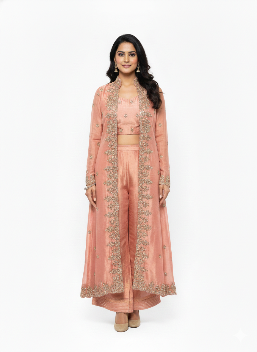 Pink Silk Tissue Jacket Bell Bottoms Set