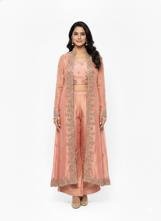 Pink Silk Tissue Jacket Bell Bottoms Set