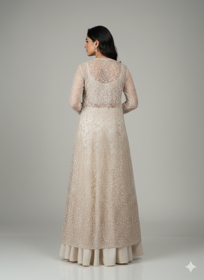 Ivory Silk Organza Long Heavy Jacket Lehenga Set