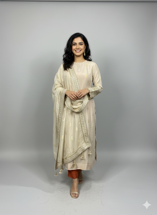 Cream Kanjivaram Silk Kurta Set