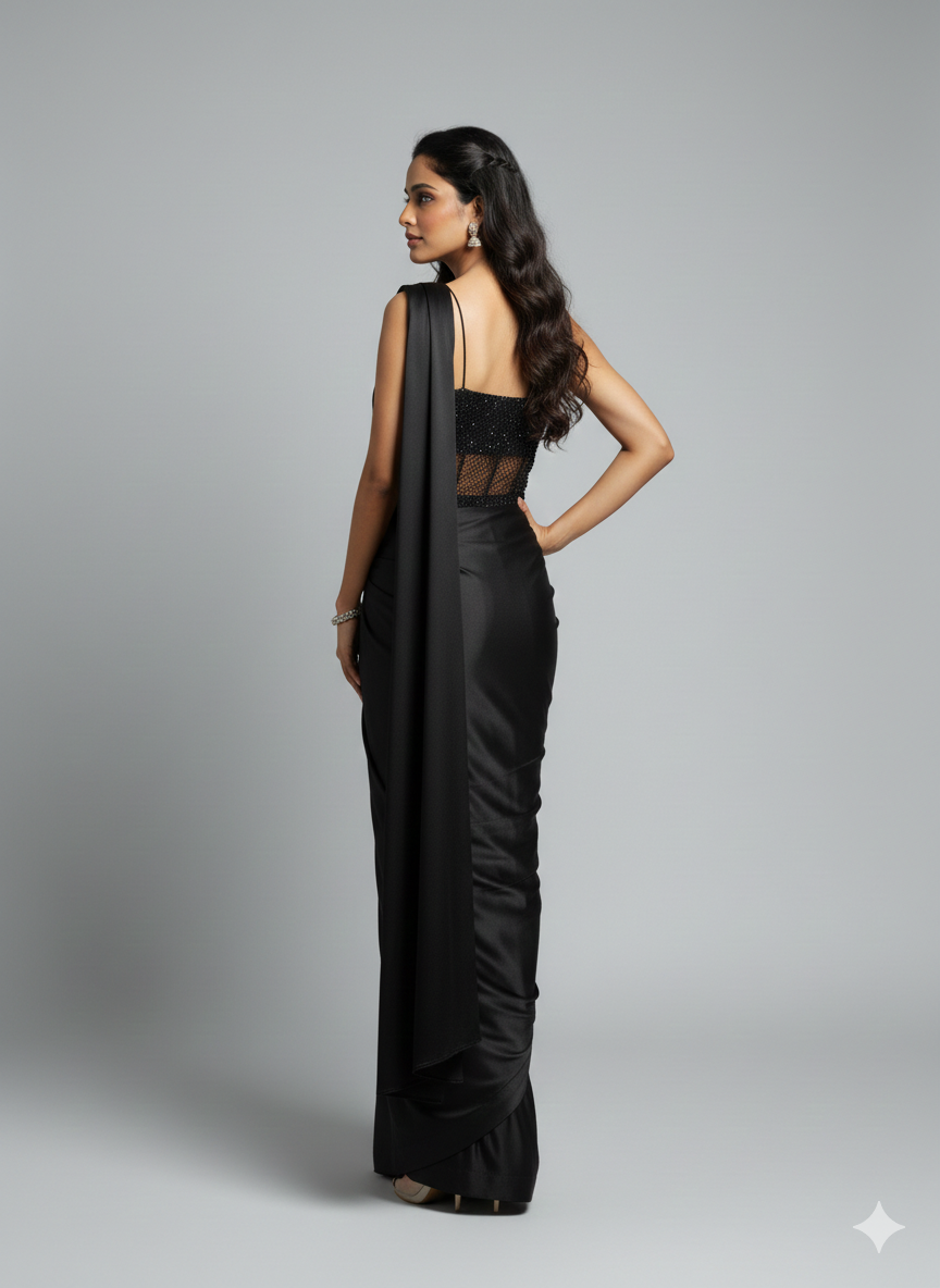 Black Swarovski Draped Saree Gown