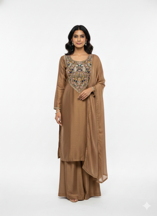 Bronze Silk Tissue Dabka Sharara Set