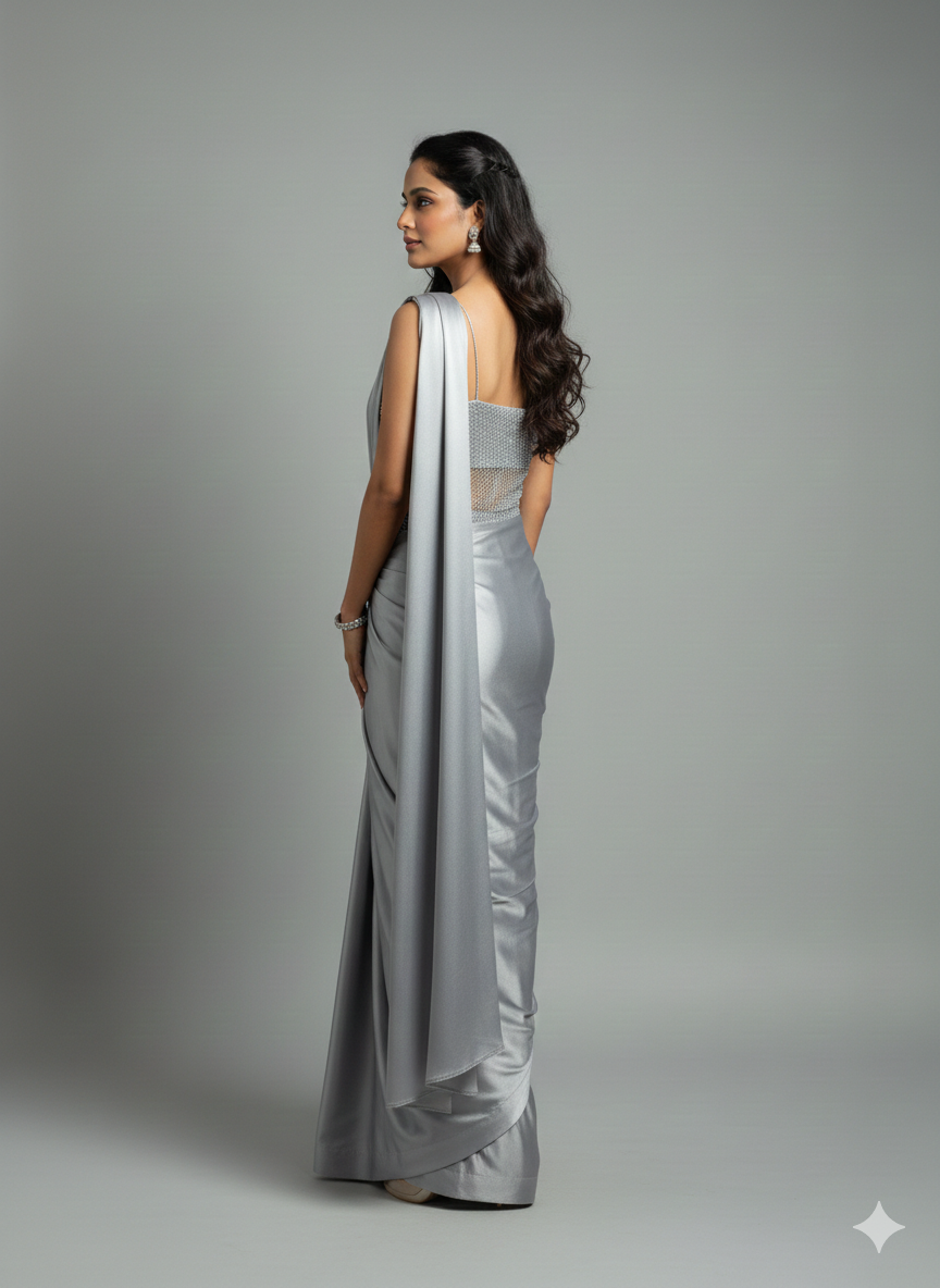 Silver Swarovski Draped Saree Gown