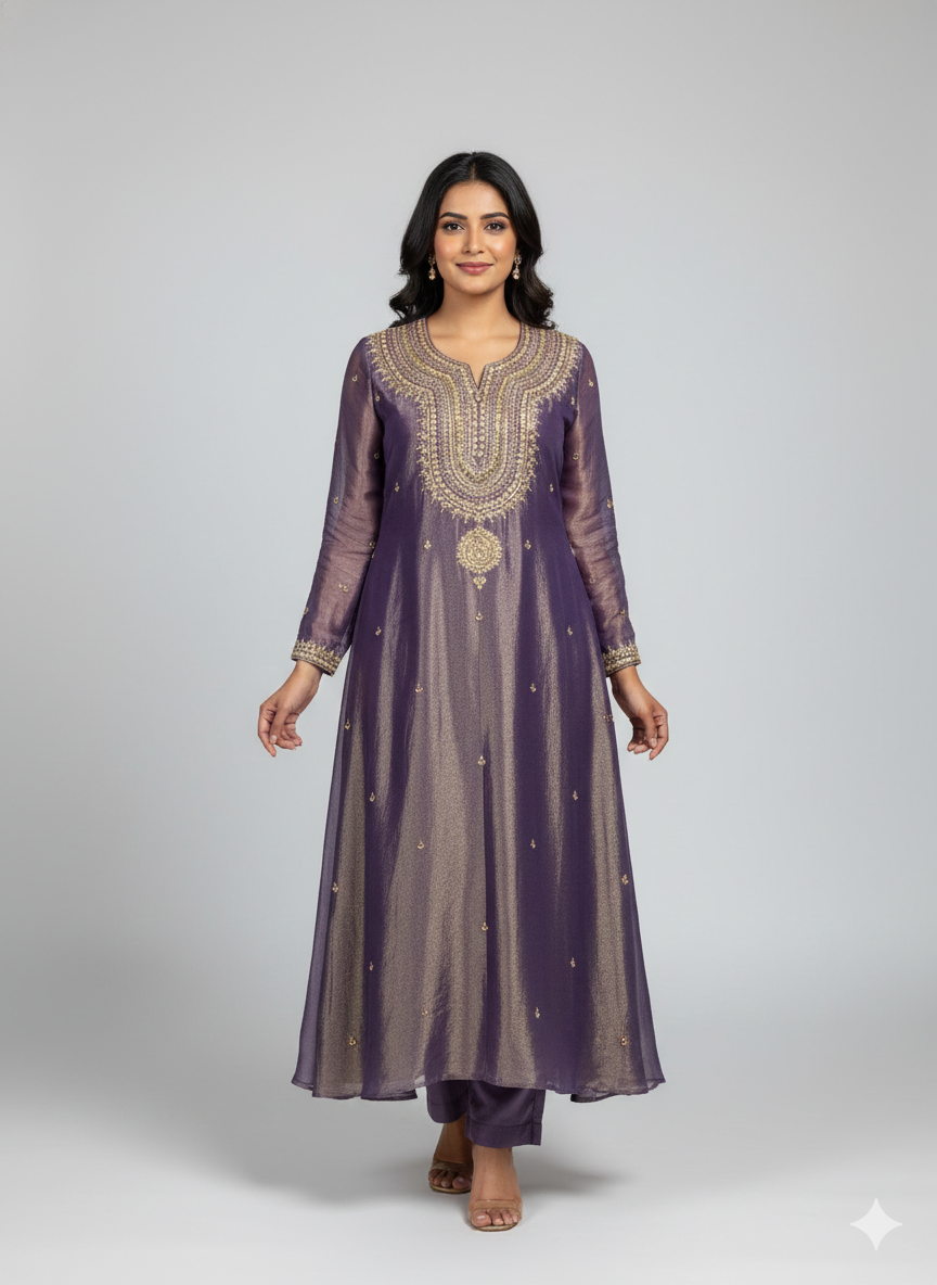 Purple Silk Tissue Dabka Kurta Set