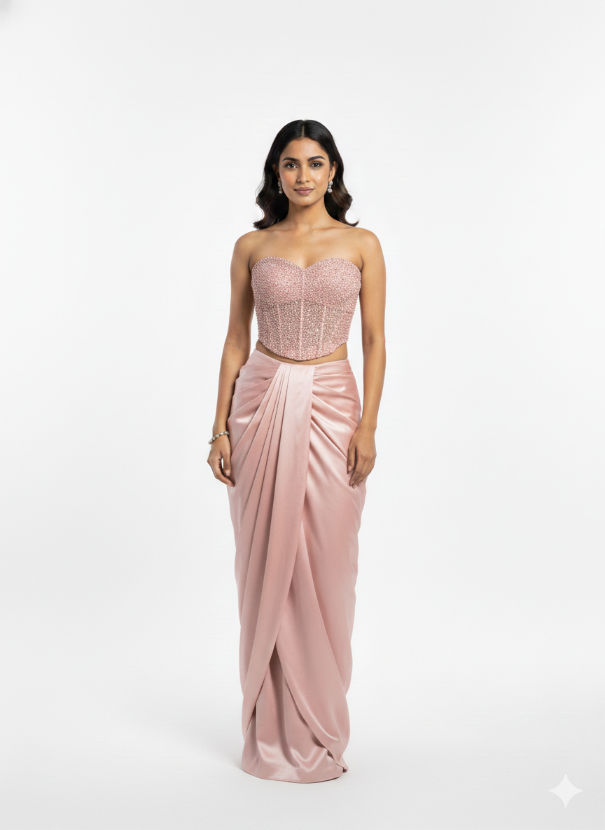 Peach Swarovski Mesh Corset Skirt Set