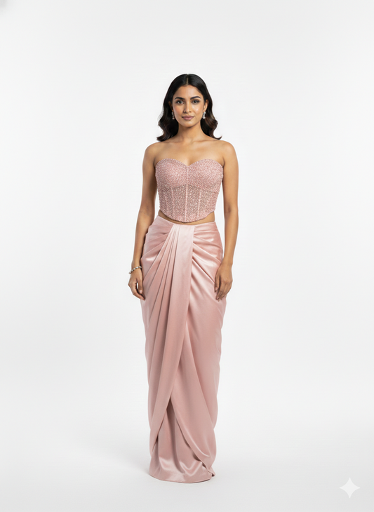 Peach Swarovski Mesh Corset Skirt Set