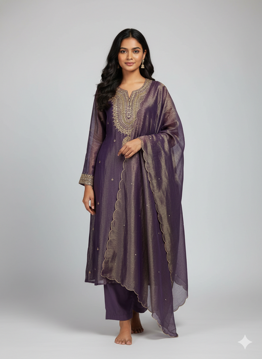 Purple Silk Tissue Dabka Kurta Set