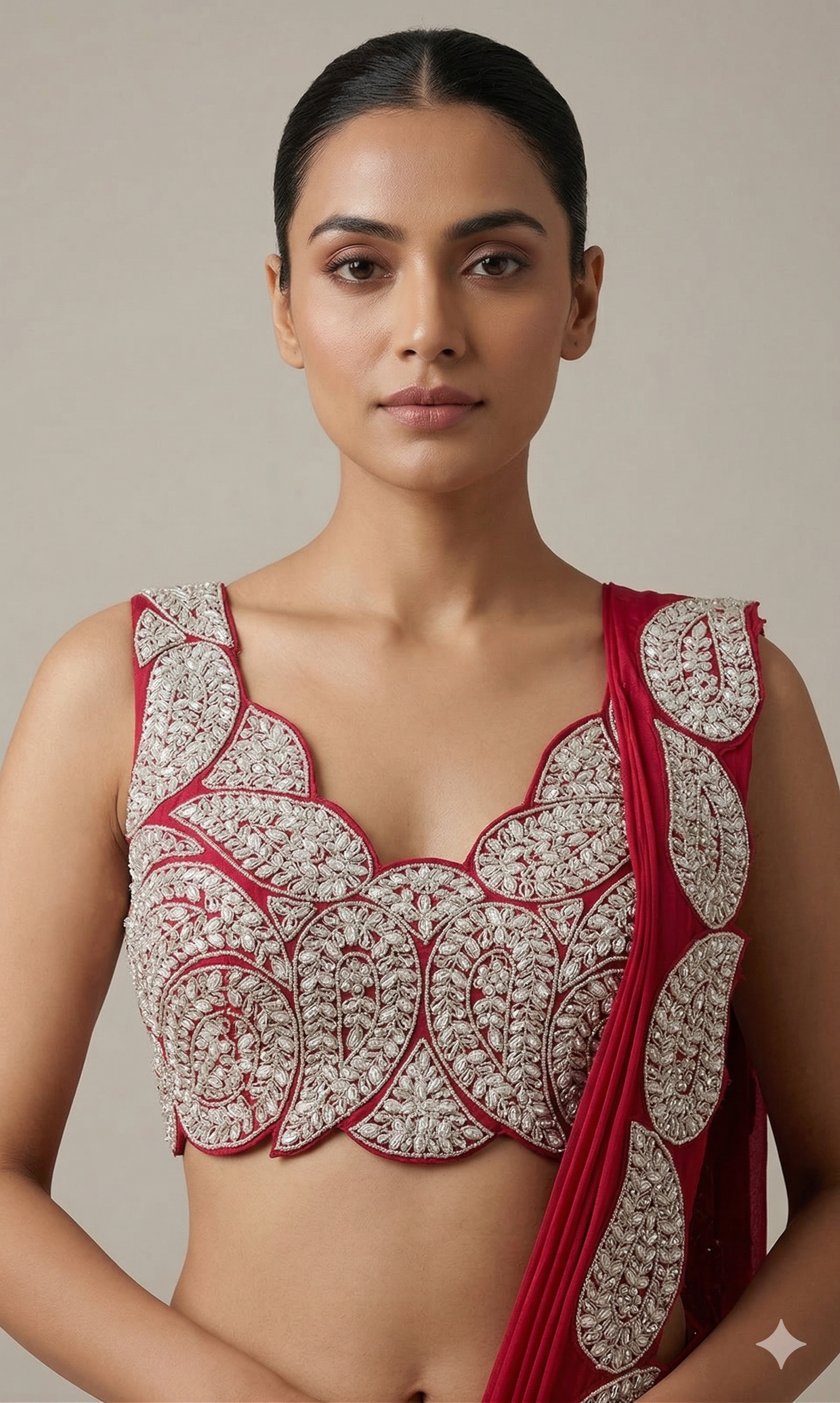 Red Paisley Scalloped Draped Saree