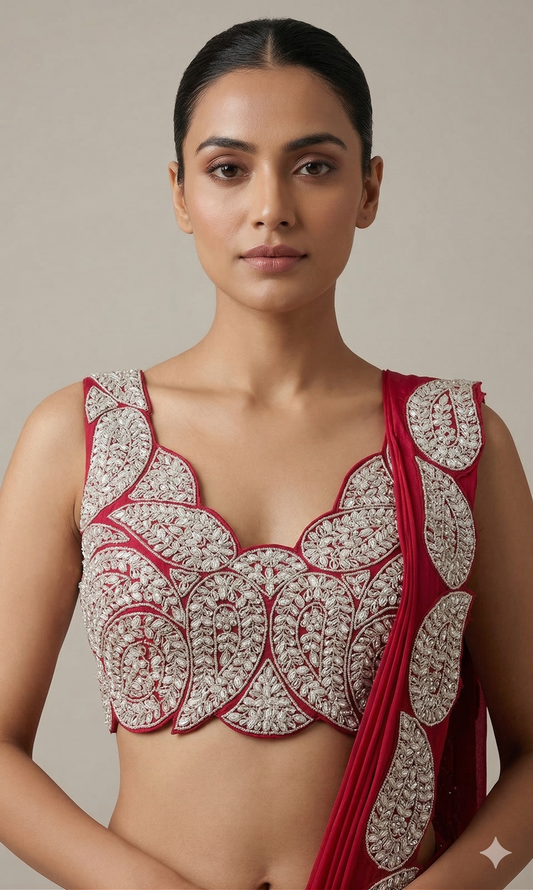 Red Paisley Scalloped Draped Saree