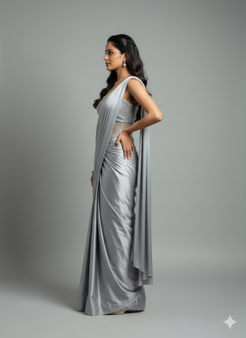 Silver Swarovski Draped Saree Gown