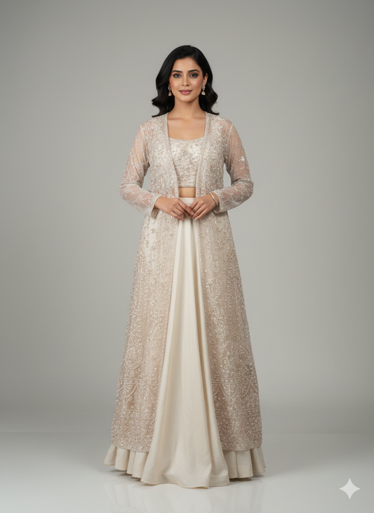 Ivory Silk Organza Long Heavy Jacket Lehenga Set