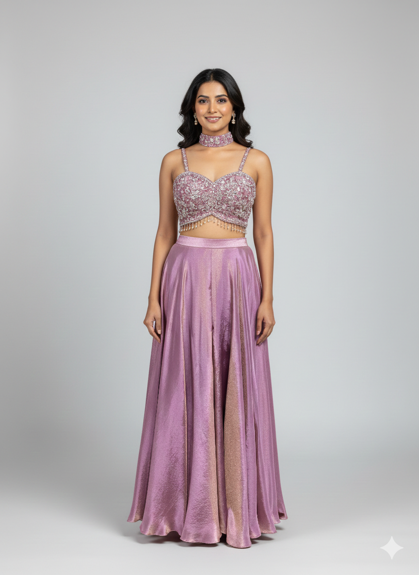 Pink Silk Tissue CropTop Flared Pallazo Set