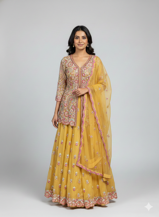 Mustard Multicolour Peplum Sharara Set