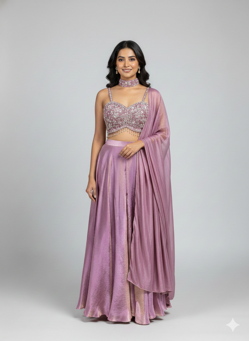 Pink Silk Tissue CropTop Flared Pallazo Set