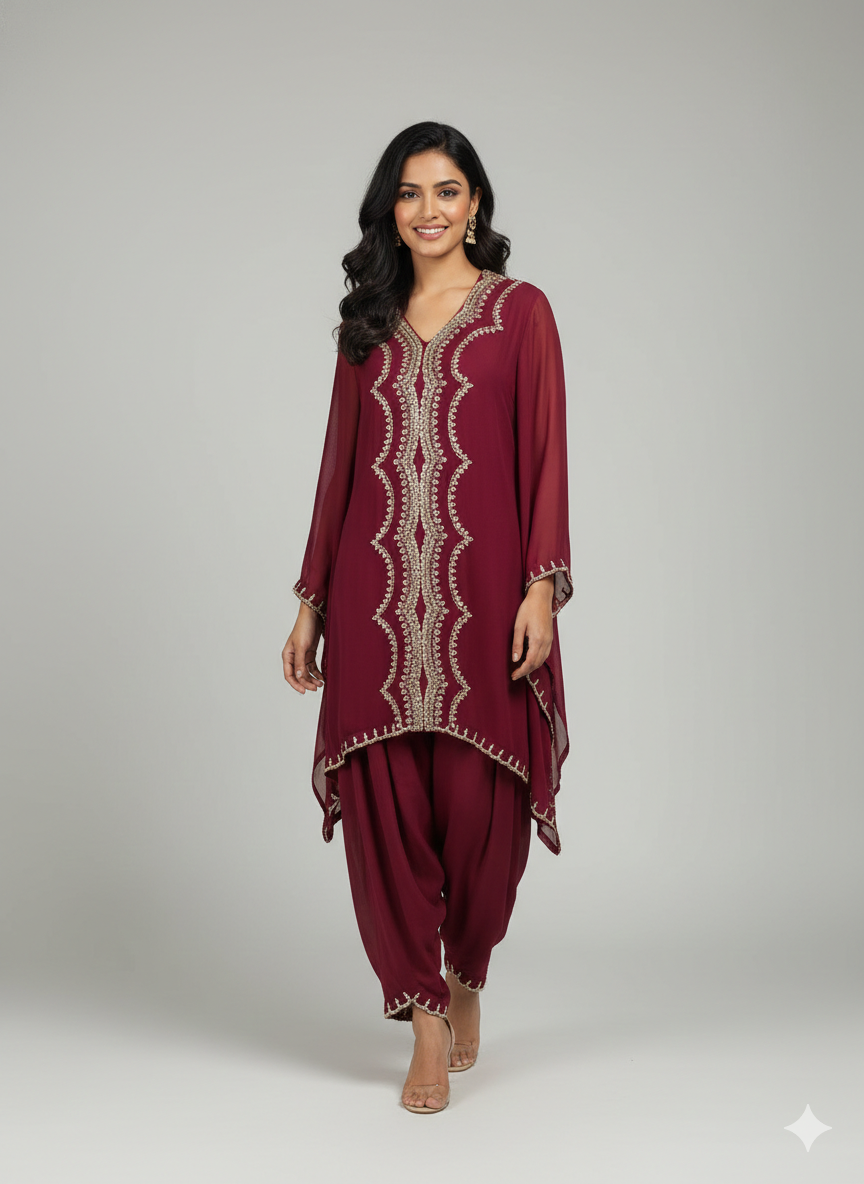 Deep Fuschia Georgette Kaftan Dhoti Set