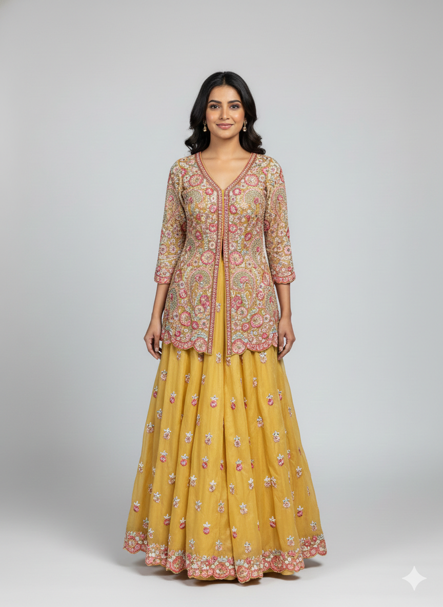 Mustard Multicolour Peplum Sharara Set