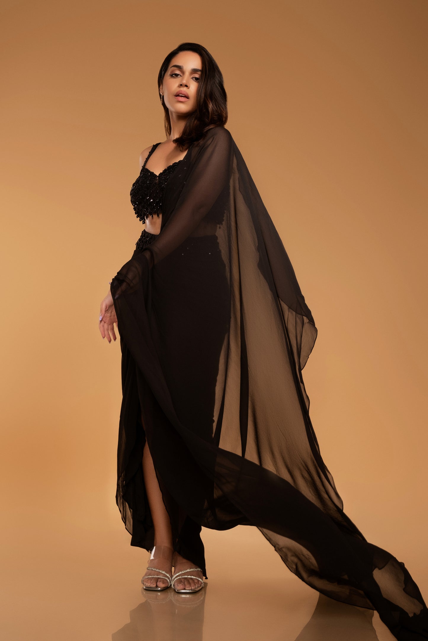 Black Georgette Zardosi Embroidered Pre-Stitched Saree Set