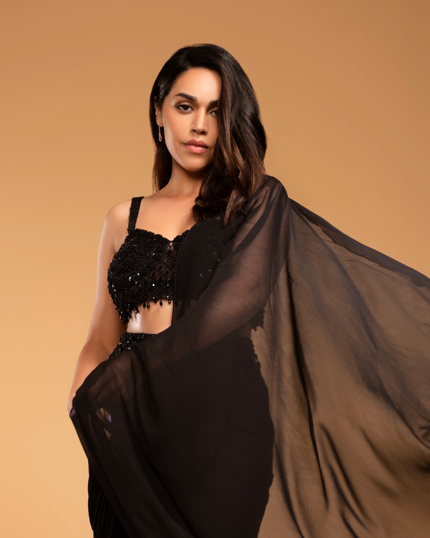 Black Georgette Zardosi Embroidered Pre-Stitched Saree Set