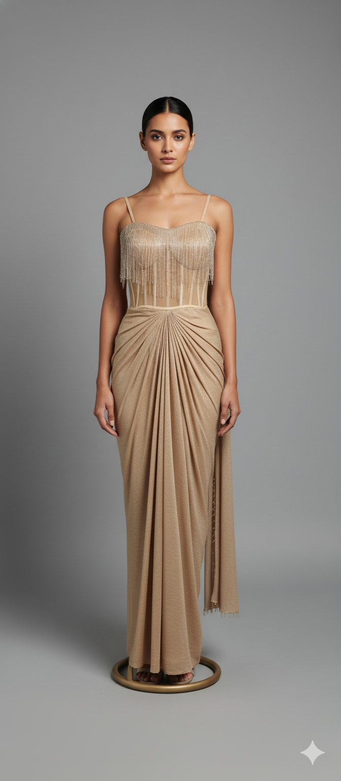 Gold Crinkle Cutdana Saree Gown