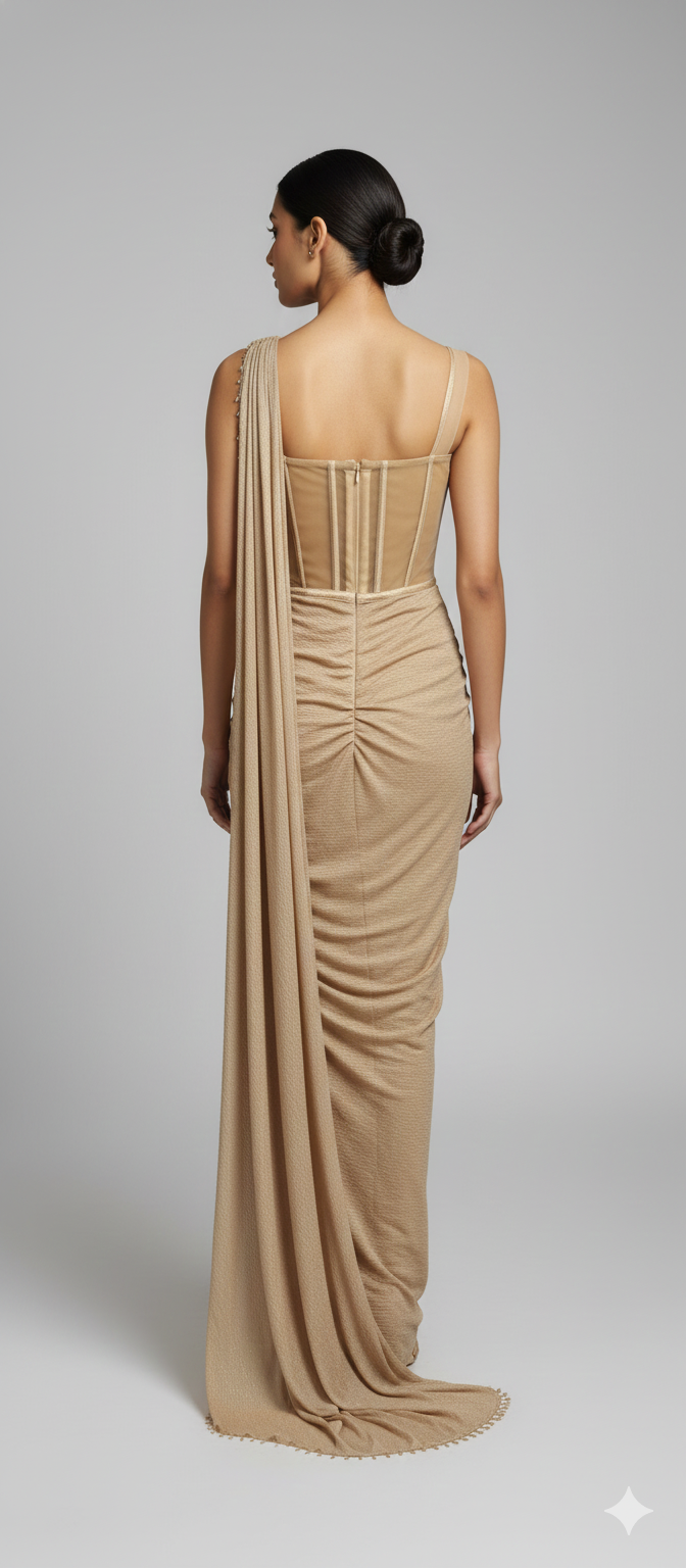 Gold Crinkle Cutdana Saree Gown