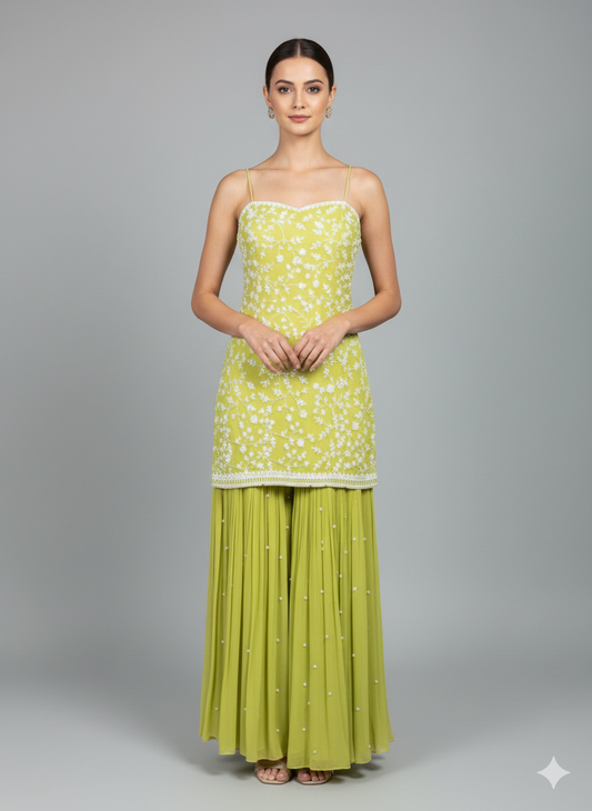 Green Strappy Pearlwork Sharara Set