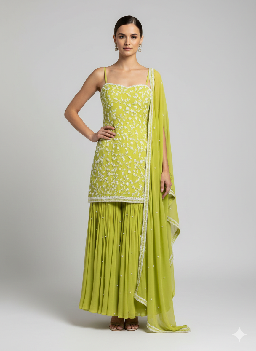 Green Strappy Pearlwork Sharara Set