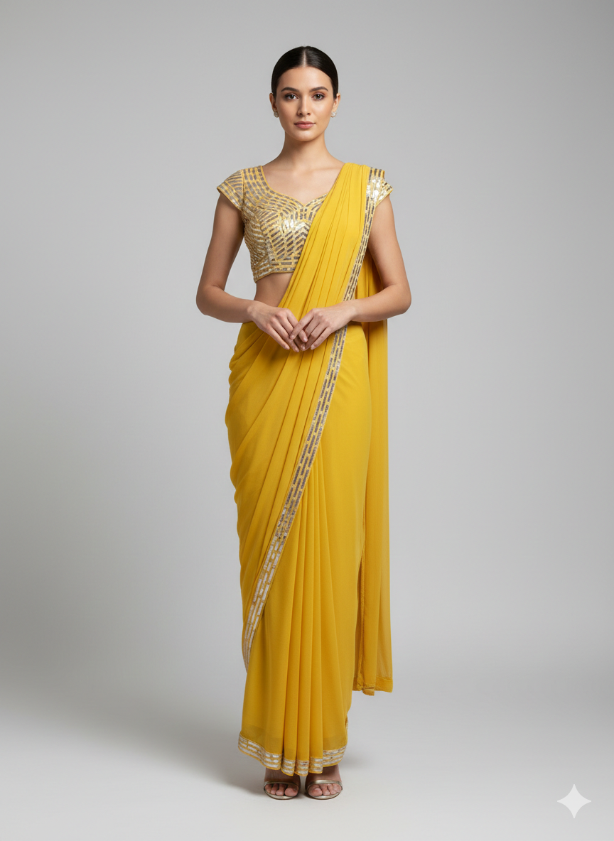 Yellow Georgette Saree with Leatherwork