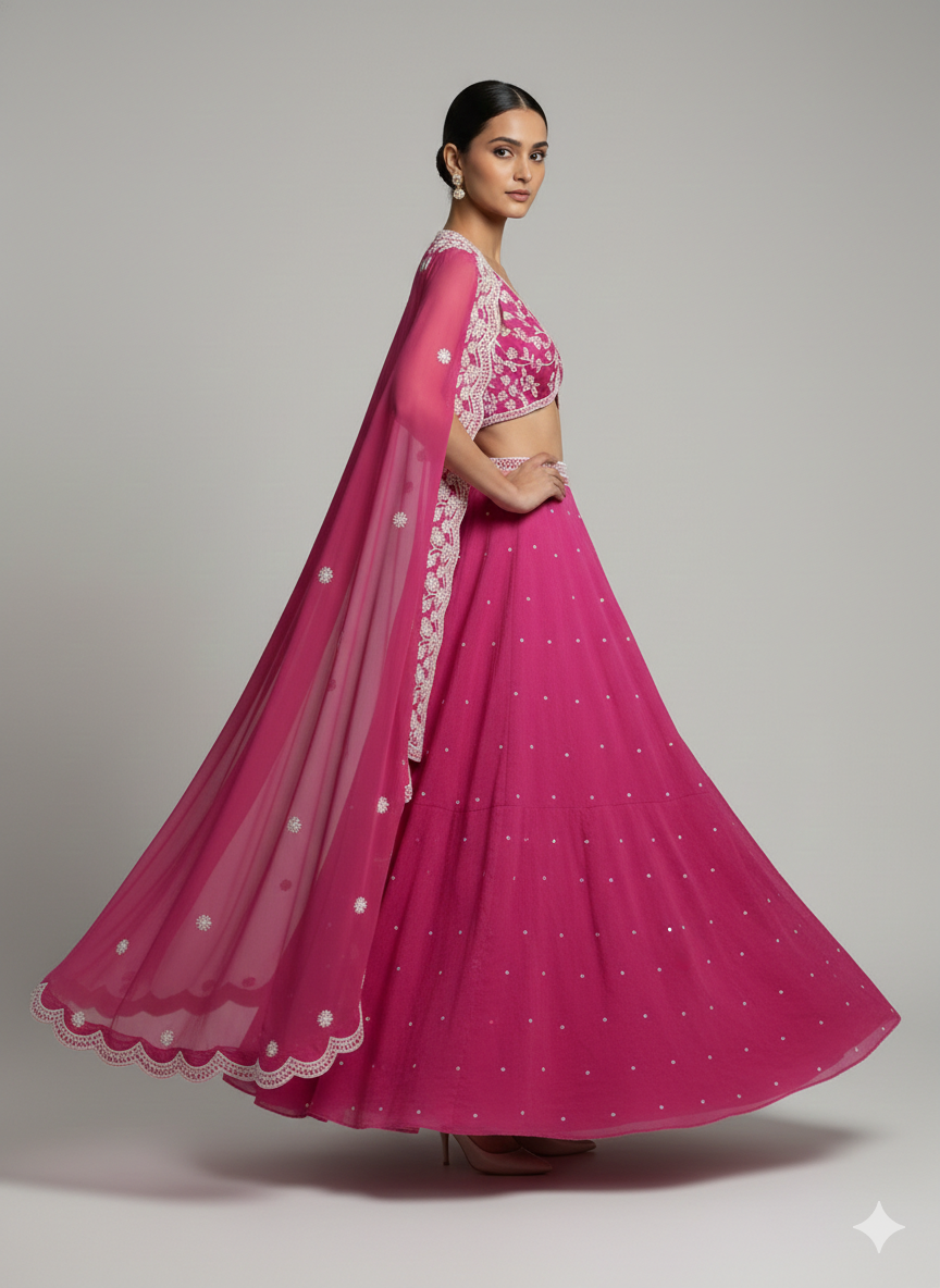 Fuschia Pink Pearlwork Cape Lehenga Set
