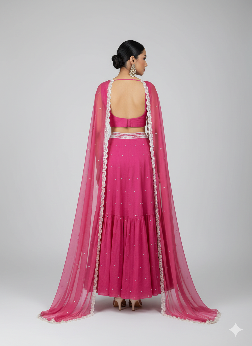 Fuschia Pink Pearlwork Cape Lehenga Set